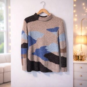 ✨ NIC+ZOE Earthy Waves Abstract Knit Sweater Neutral Mock Neck Size XS